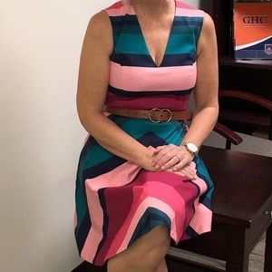 Draper James Pink and Teal Striped Fir and Flare Dress Size 4